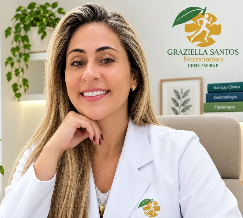 Graziella Santos sorrindo no consultório, de jaleco branco com a logo dela